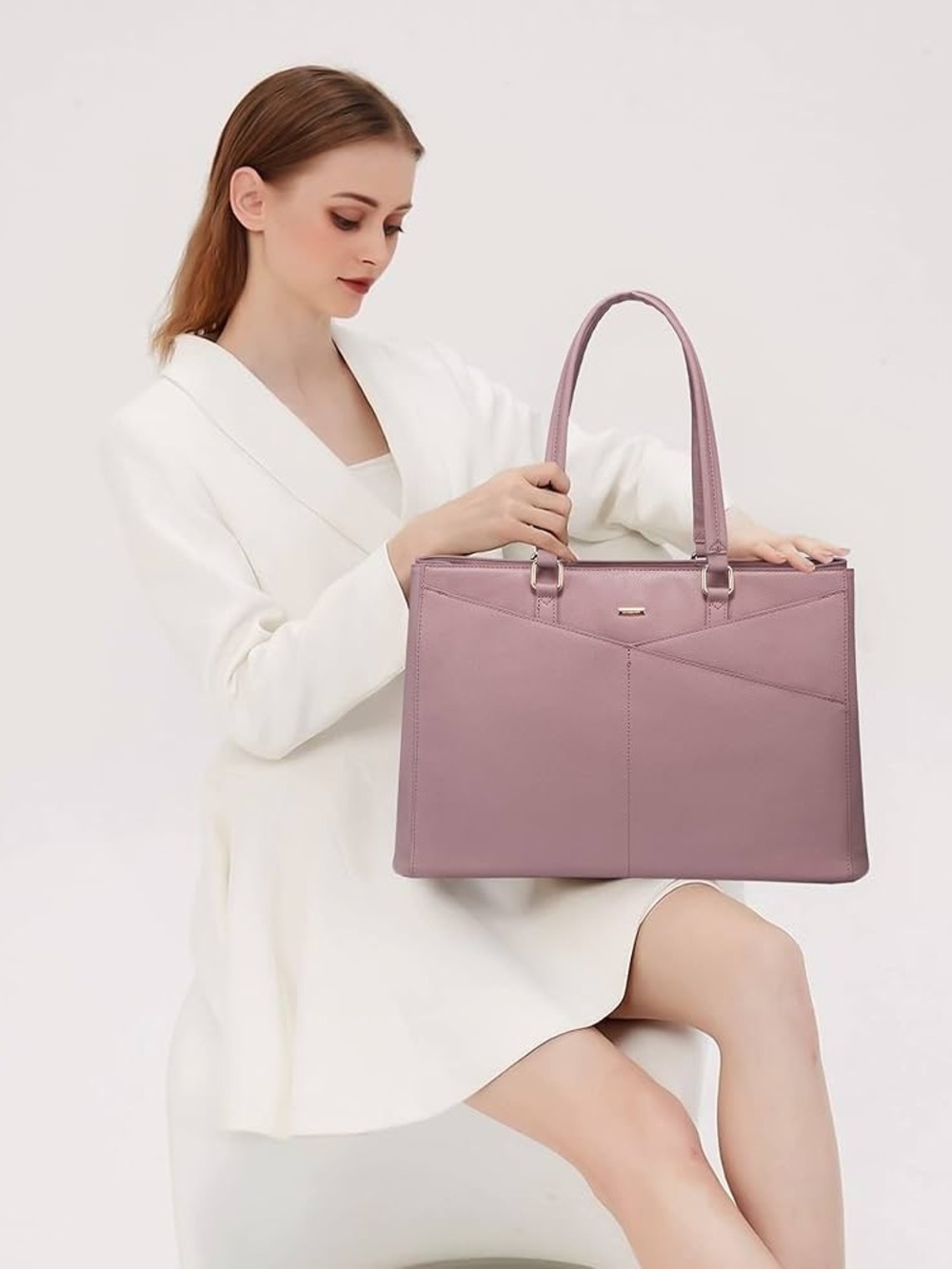 LOVEVOOK Laptop Tote Bag for Women 15.6 Inch Waterproof Leather Briefcase Mauve